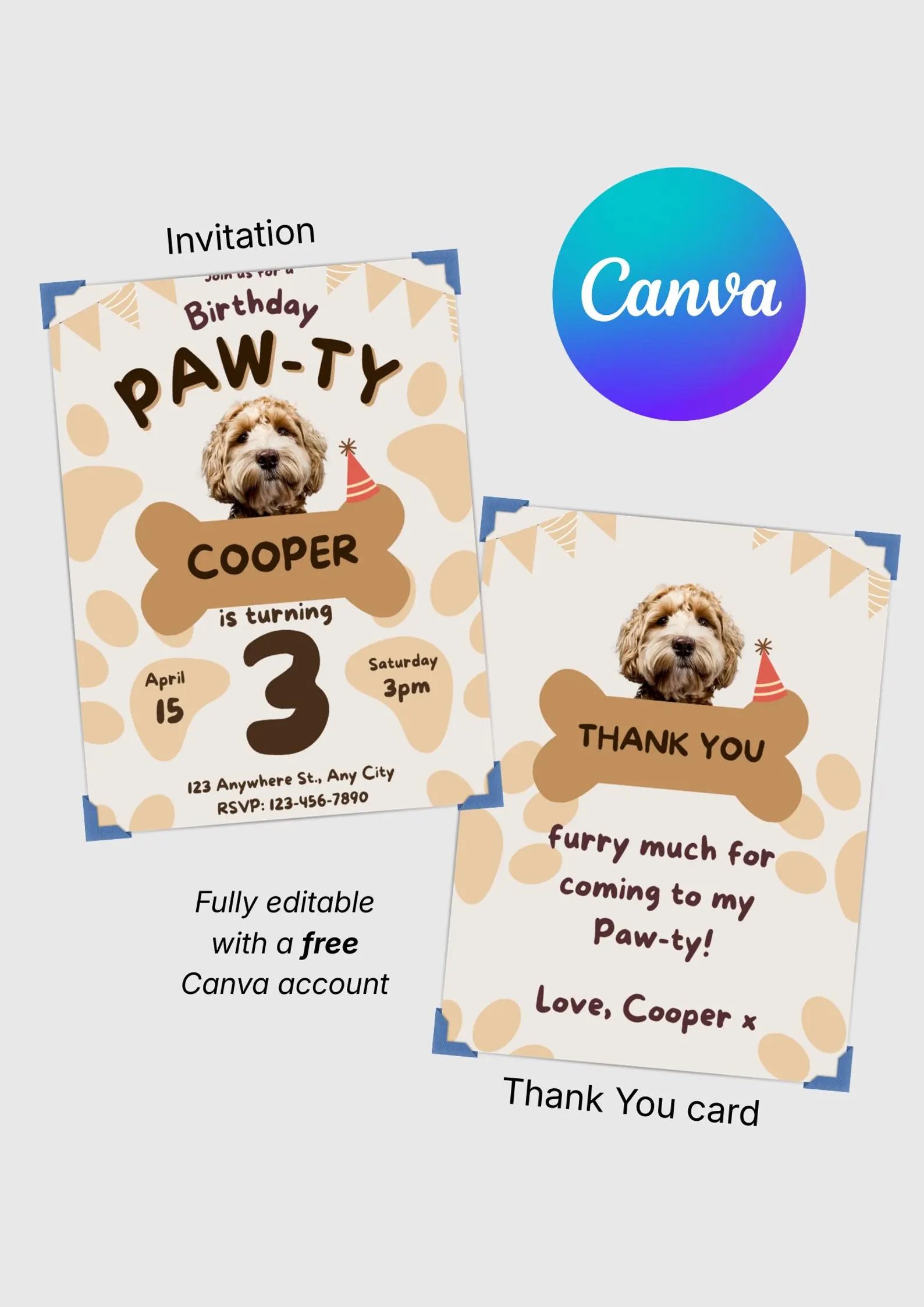 Dog Birthday Invitation & Thank You Card Bundle - Cooper