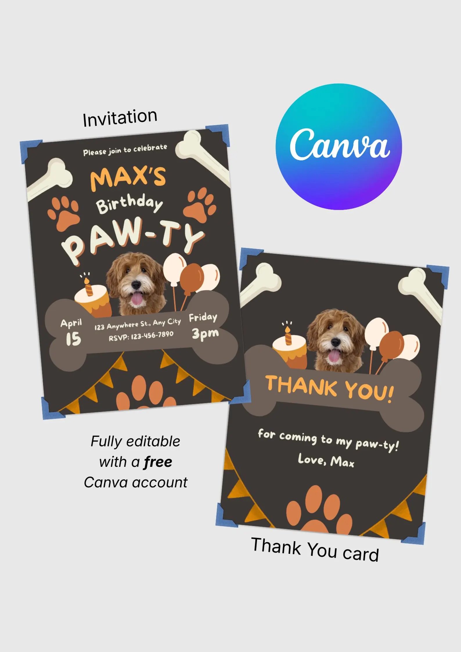 Dog Birthday Party Invitation & Thank You Card Bundle - Max